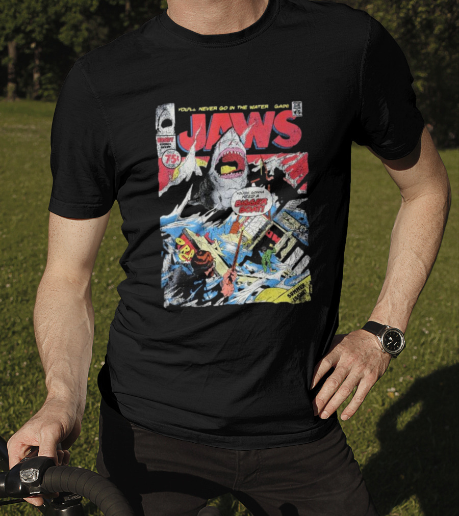 Jaws Comic Cover You'll Never Go In The Water Again You're Gonna Need A Bigger Boat 75 Cent July Roy Thomas Ross Andru Comic Code Authority T-Shirt
