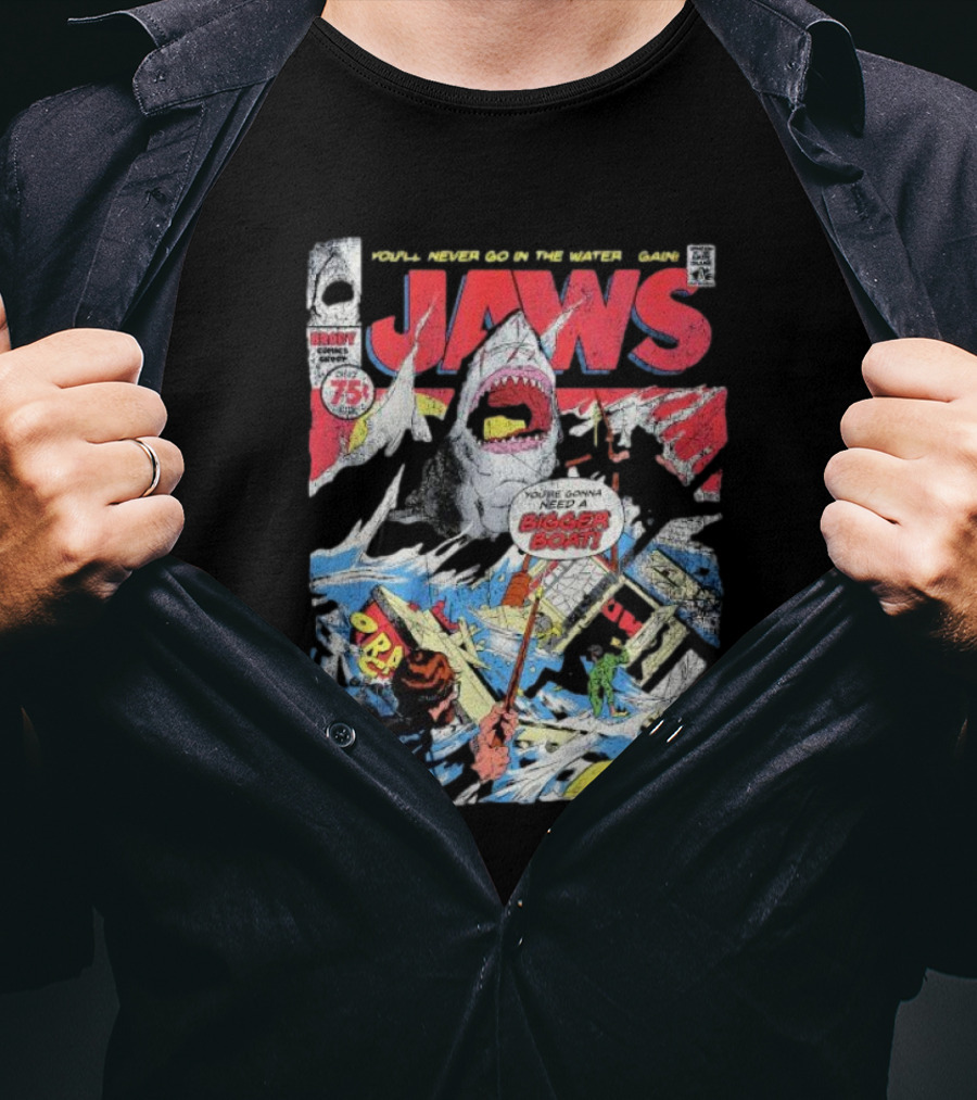 Jaws Comic Cover You'll Never Go In The Water Again You're Gonna Need A Bigger Boat 75 Cent July Roy Thomas Ross Andru Comic Code Authority T-Shirt