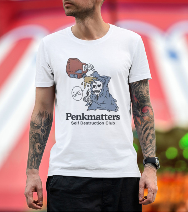 Premium T-Shirt: Penkmatters Self Destruction Club Gas Can Pouring on Hooded Figure T-Shirt Penkmatters Self Destruction Club Gas Can Pouring on Hooded Figure T-Shirt