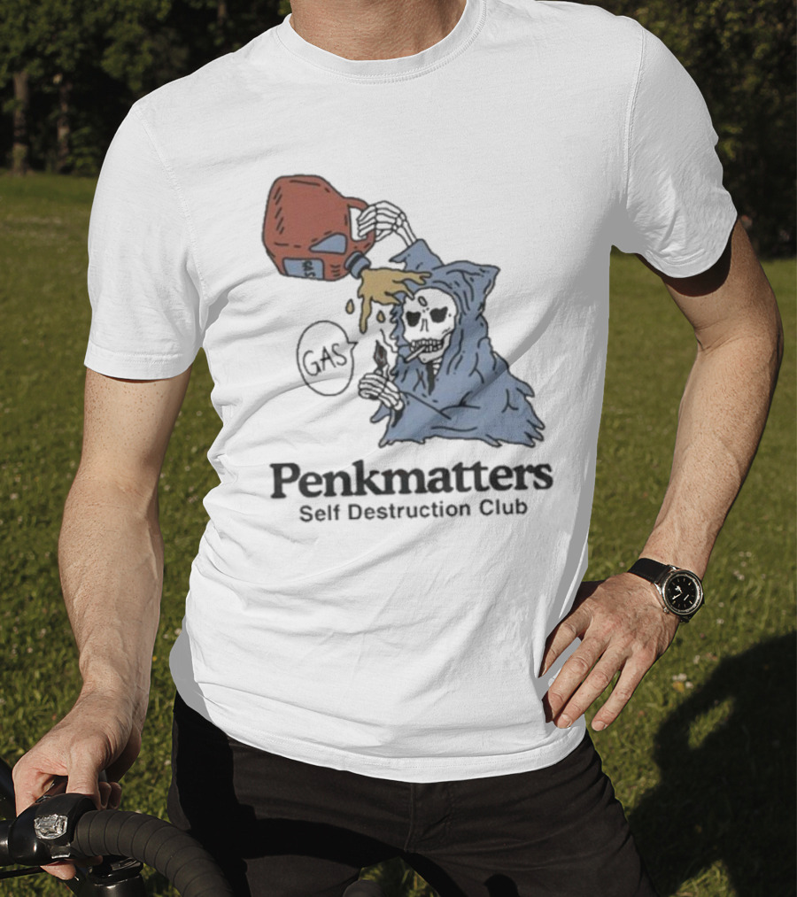 Penkmatters Self Destruction Club Gas Can Pouring On Hooded Figure T-Shirt