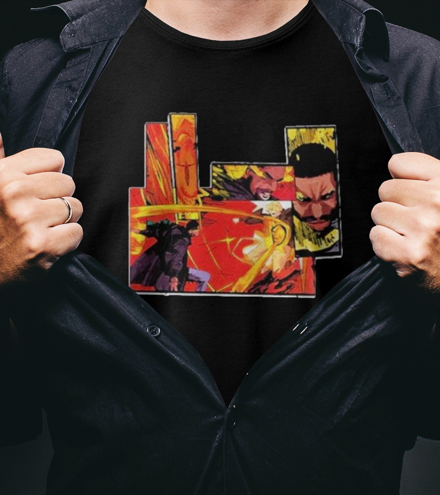 Kid Cudi Moon Man Full Comic Style Dynamic Red And Yellow Panels T-Shirt