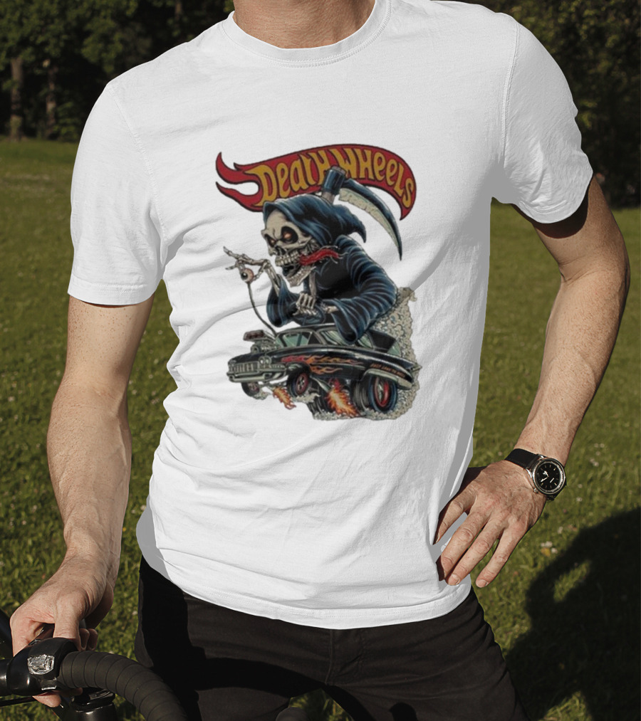 Deadly Wheels Krisna Okky Death Wheels Grim Reaper Driving Flaming Car T-Shirt