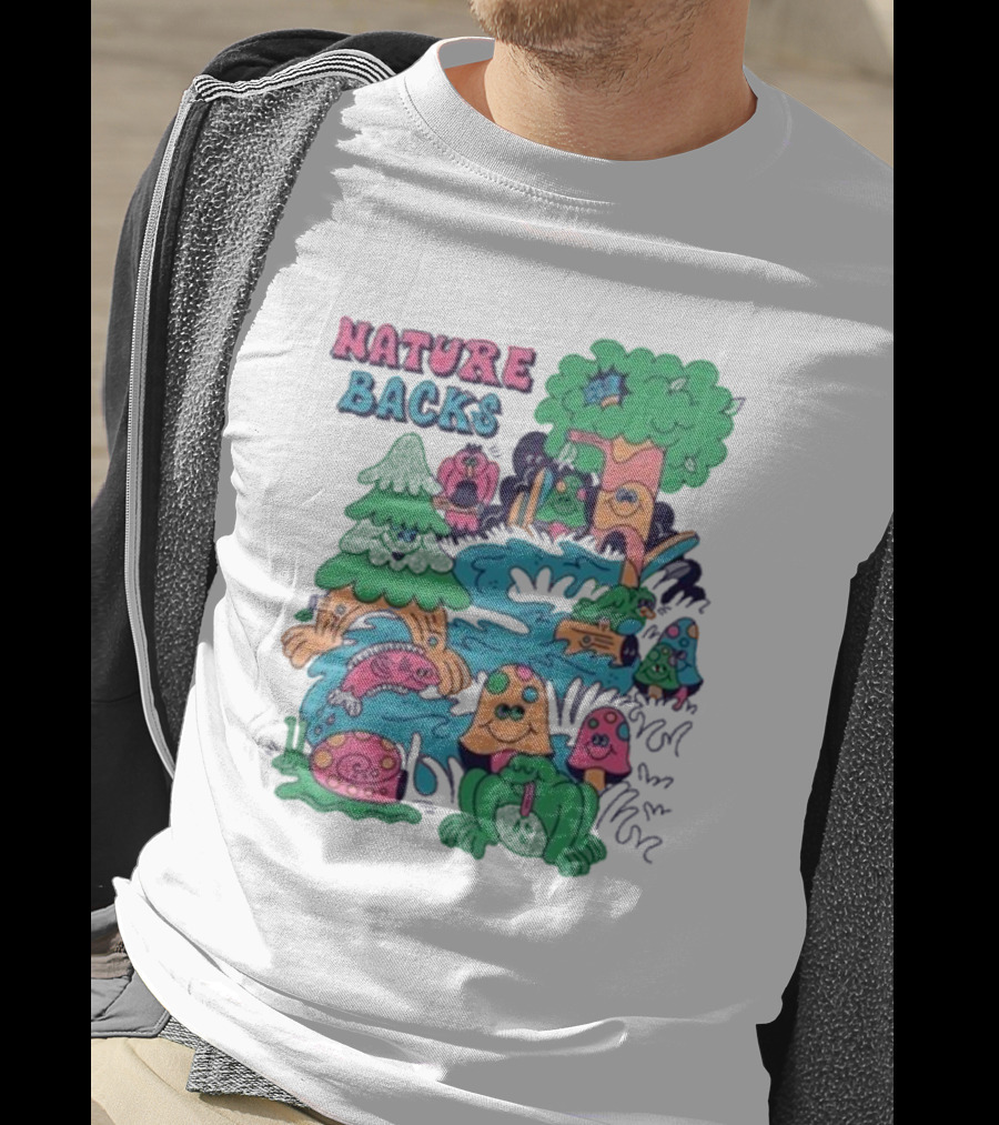 Nature Backs Funky Forest With Colorful Cartoon Animals And Trees T-Shirt