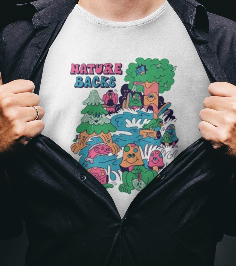 Nature Backs Funky Forest With Colorful Cartoon Animals And Trees T-Shirt