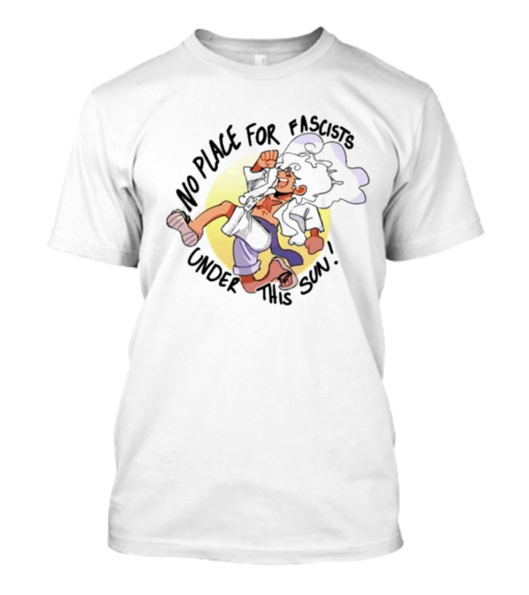 No Place For Fascists Under This Sun Energetic Character Jumping Against Yellow Circle Background T-Shirt