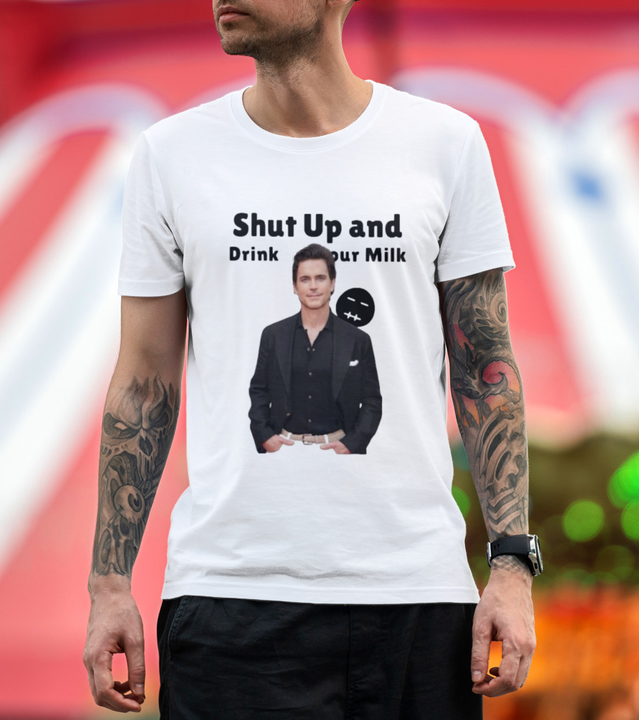 Shut Up and Drink Your Milk with Smiling Man in Black Suit T-Shirt