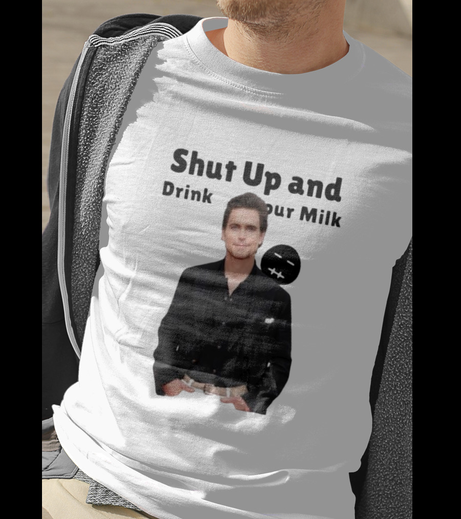 Shut Up And Drink Your Milk With Smiling Man In Black Suit T-Shirt