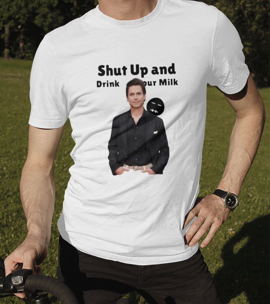 Shut Up And Drink Your Milk With Smiling Man In Black Suit T-Shirt