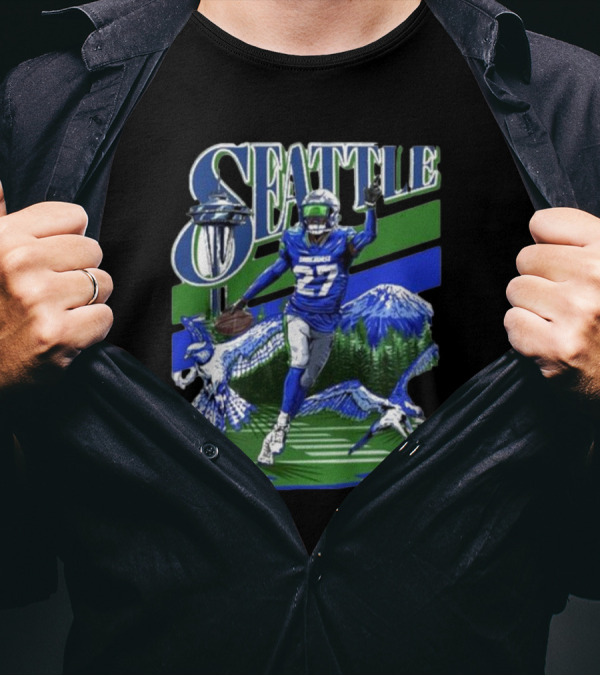 Seattle Seahawks Tariq Woolen Number 27 With Space Needle And Mountain Background T-Shirt