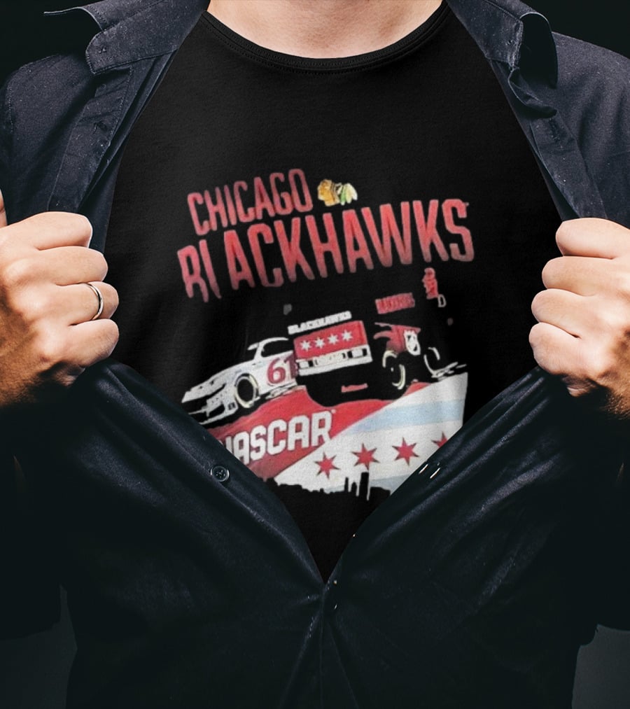 Chicago Blackhawks NASCAR Racing Car With City Skyline And Number 61 T-Shirt