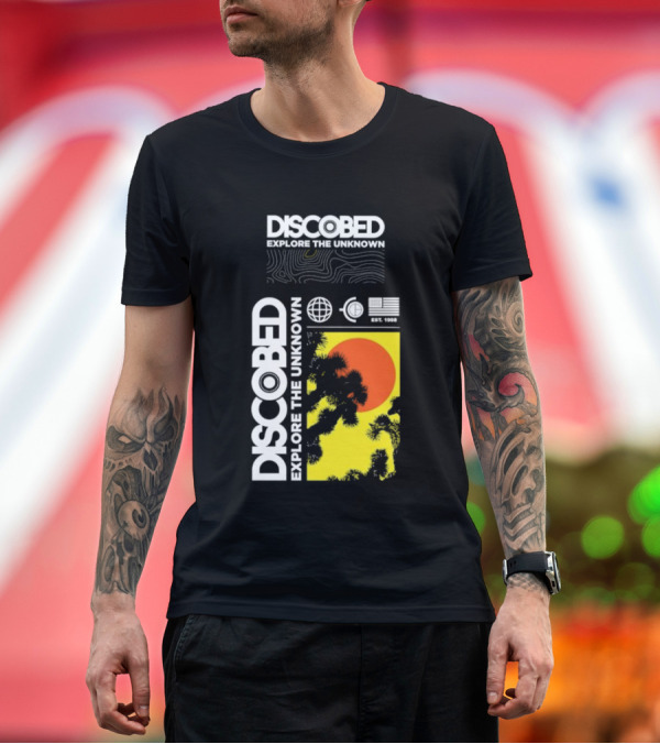 Premium T-Shirt: Discobed Explore The Unknown Global Exploration Est 1988 Sun Images with Iconic Nature Scene T-Shirt Discobed Explore The Unknown Global Exploration Est 1988 Sun Images with Iconic Nature Scene T-Shirt