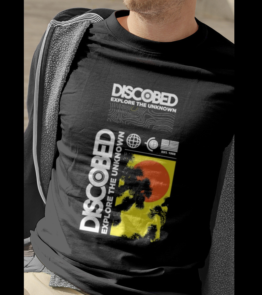 Discobed Explore The Unknown Global Exploration Est 1988 Sun Images With Iconic Nature Scene T-Shirt