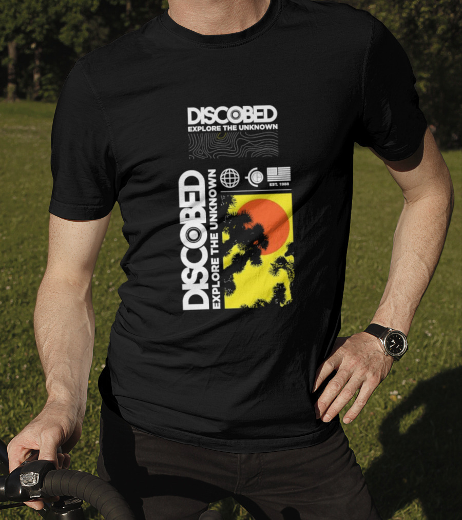 Discobed Explore The Unknown Global Exploration Est 1988 Sun Images With Iconic Nature Scene T-Shirt