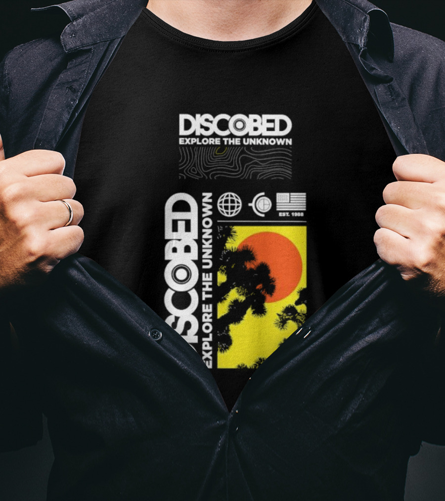Discobed Explore The Unknown Global Exploration Est 1988 Sun Images With Iconic Nature Scene T-Shirt