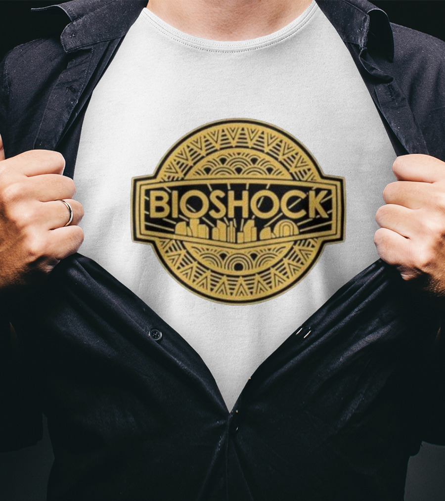 Bioshock Art Deco Golden Emblem With Cityscape T-Shirt