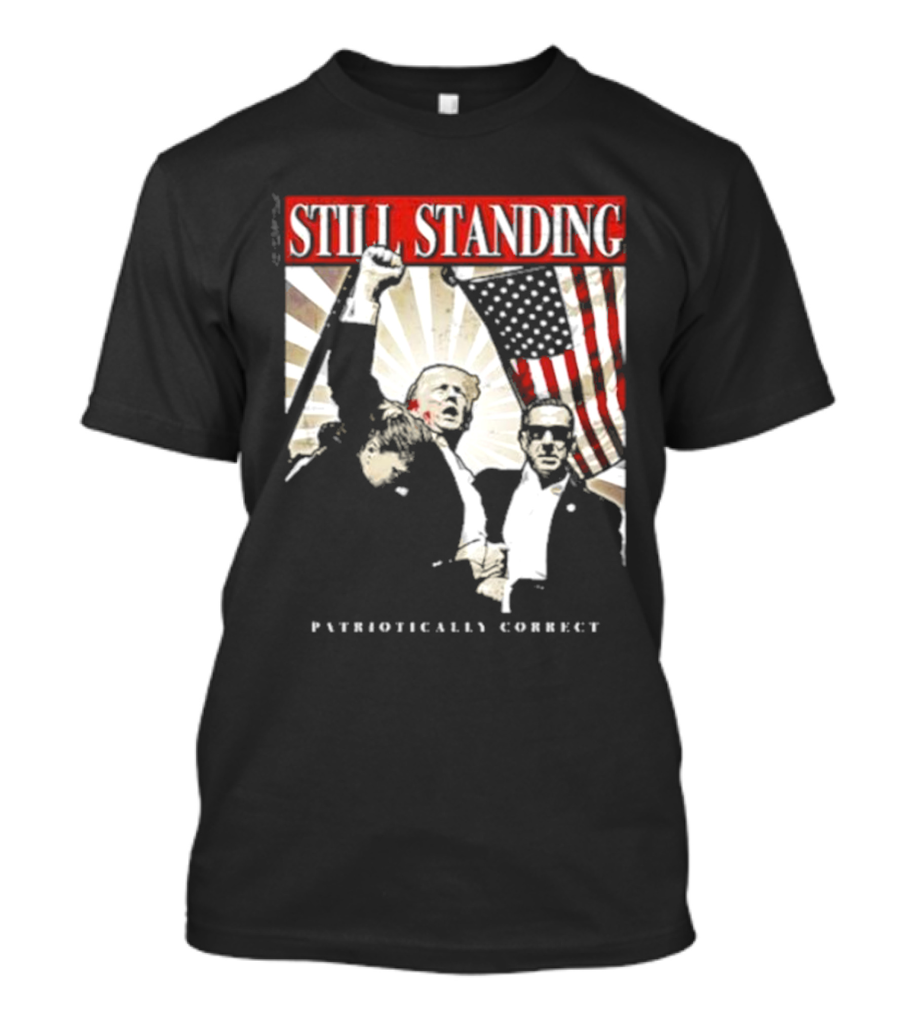 Still Standing Patriotically Correct Zeek Arkham American Flag Leadership T-Shirt