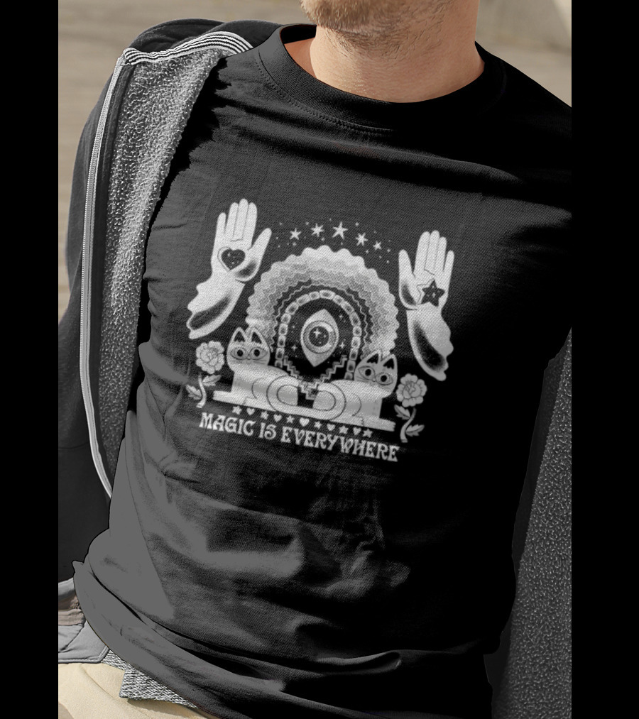 Magic Is Everywhere Witch Cat Stars Hands Flowers Pinkgabbercat T-Shirt