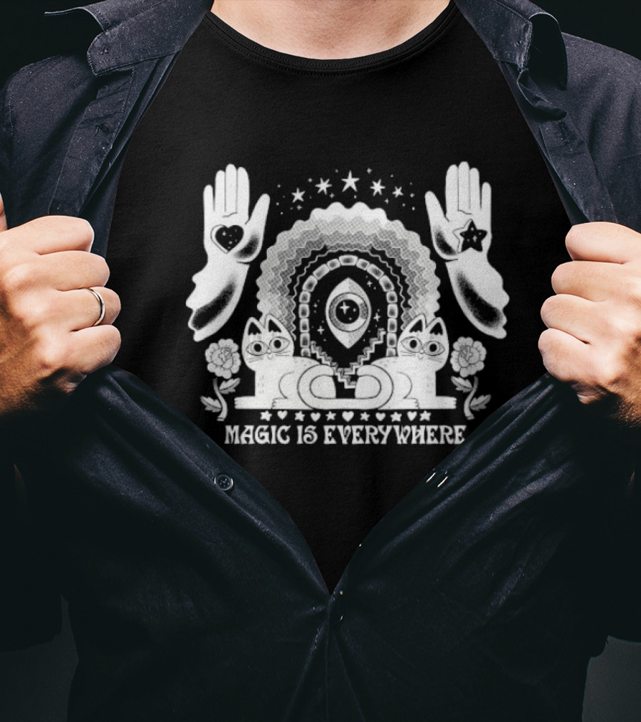 Magic Is Everywhere Witch Cat Stars Hands Flowers Pinkgabbercat T-Shirt