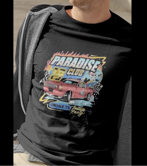 Paradise Club 19 Livefolk Ltd Vintage Racing Skeleton Racer Car Checkered Flags T-Shirt