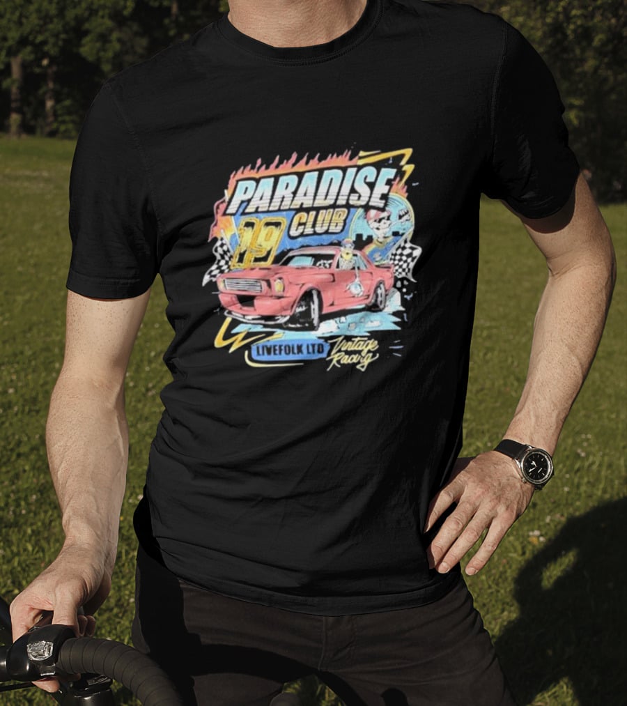 Paradise Club 19 Livefolk Ltd Vintage Racing Skeleton Racer Car Checkered Flags T-Shirt