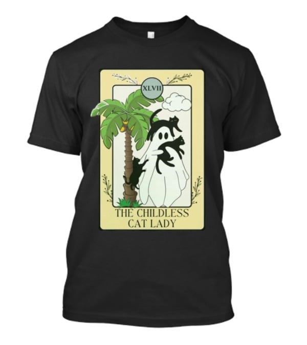 XLVII The Childless Cat Lady Ghost Black Cat Coconut Tree T-Shirt