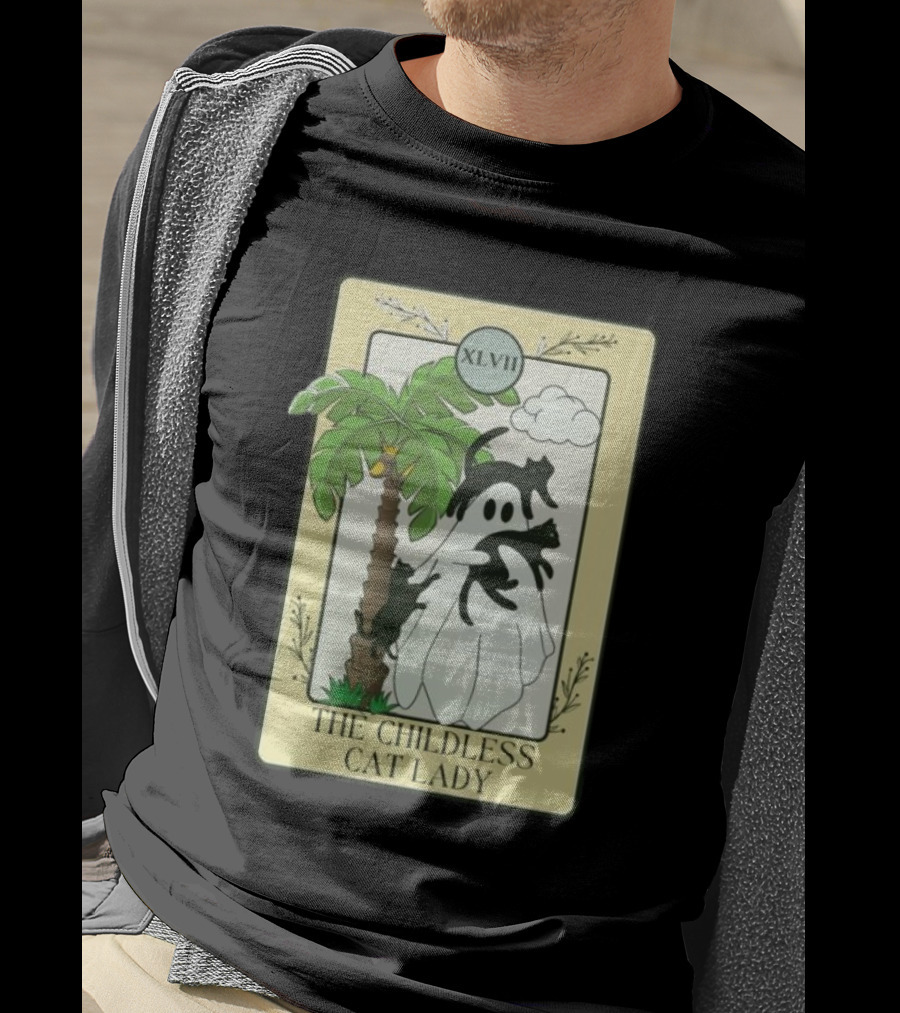 XLVII The Childless Cat Lady Ghost Black Cat Coconut Tree T-Shirt