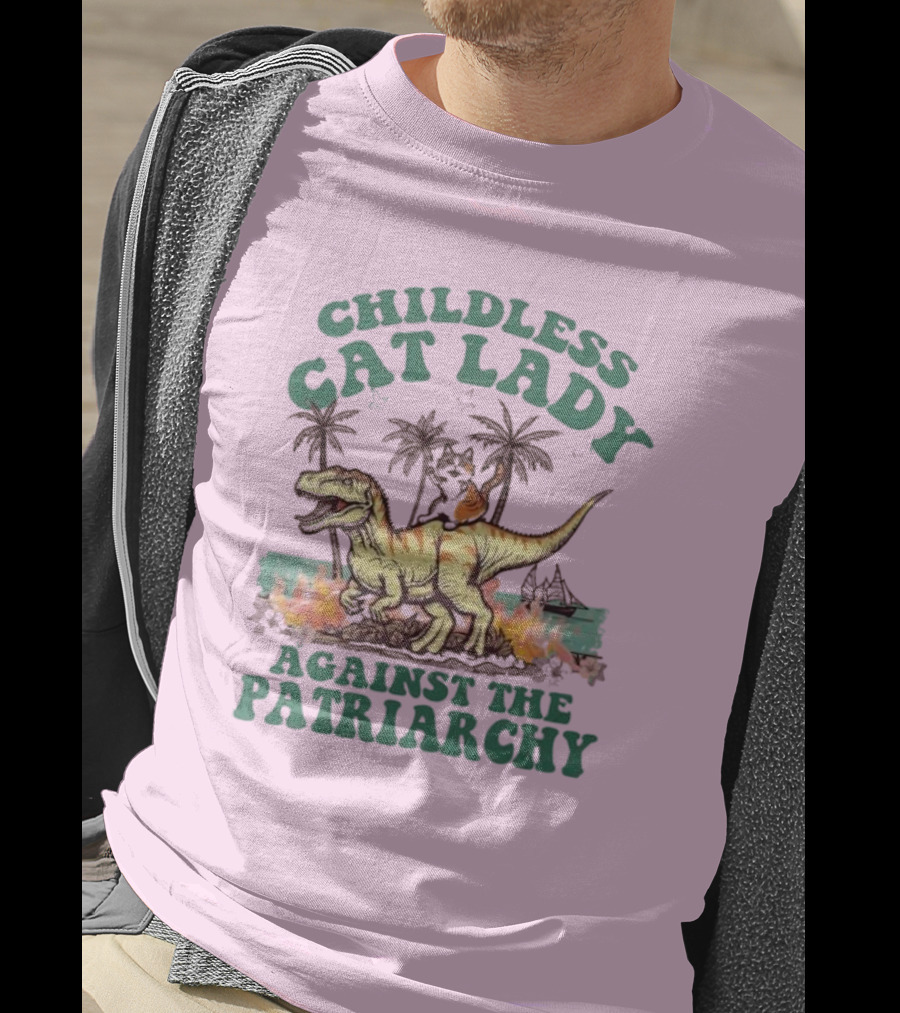 Childless Cat Lady Riding Dinosaur Against The Patriarchy With Flaming Coconut Trees T-Shirt