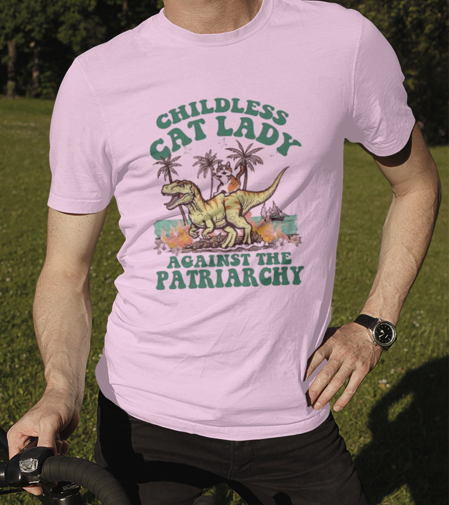 Childless Cat Lady Riding Dinosaur Against The Patriarchy With Flaming Coconut Trees T-Shirt