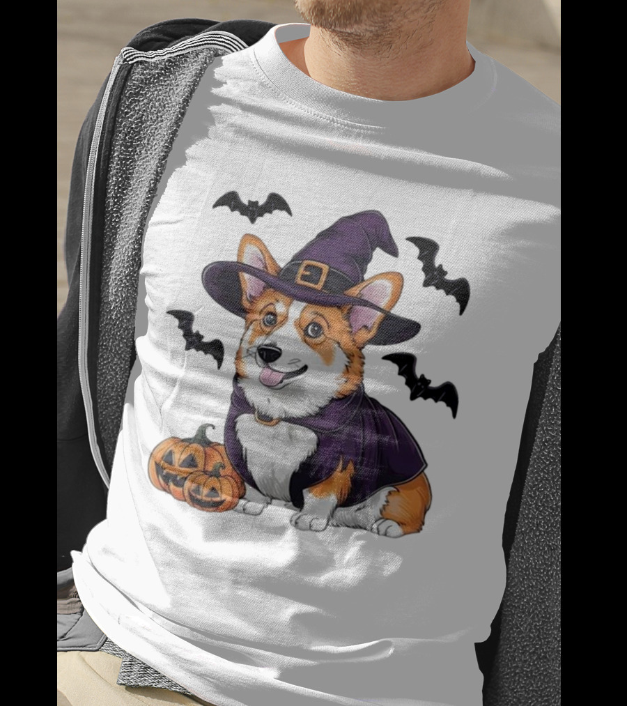 Halloween Corgi In Witch Hat With Pumpkins And Bats T-Shirt