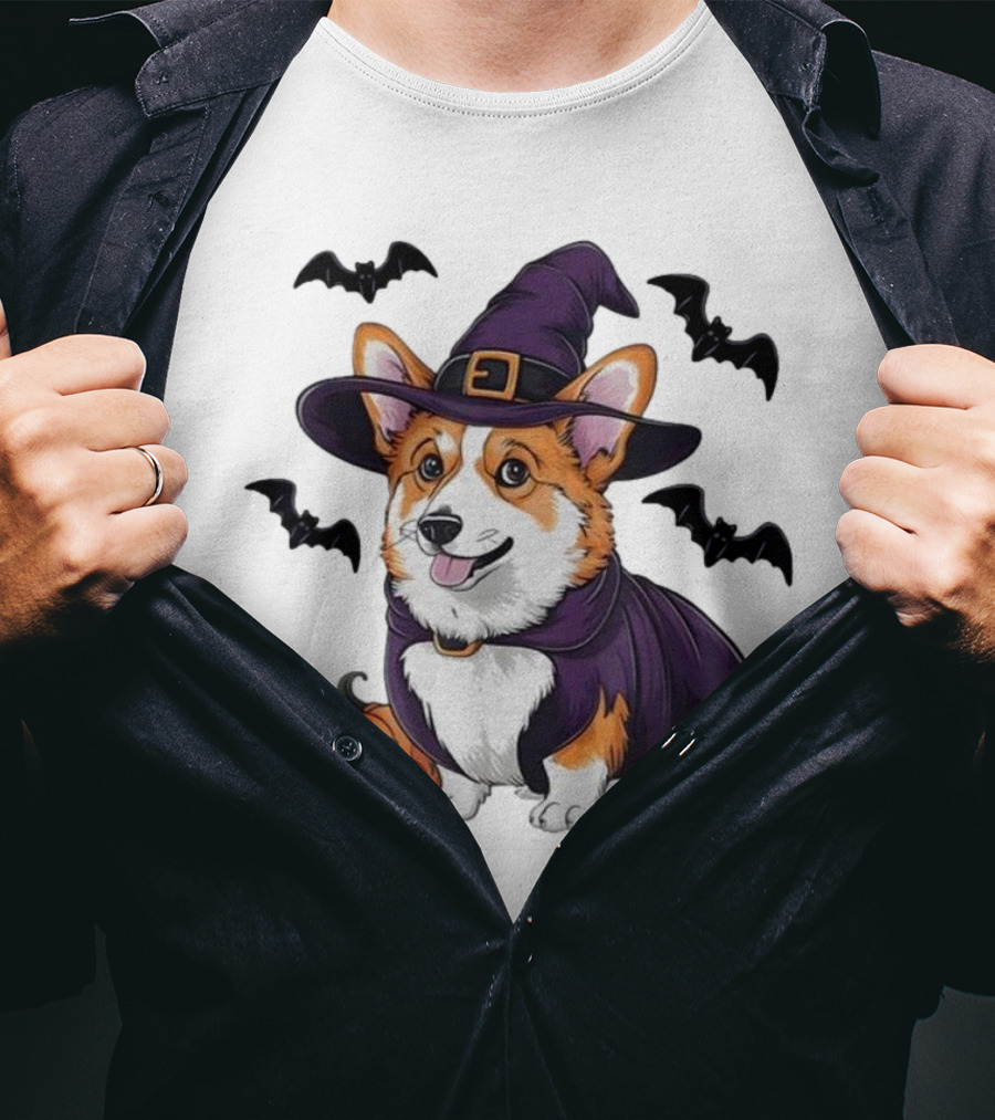 Halloween Corgi In Witch Hat With Pumpkins And Bats T-Shirt
