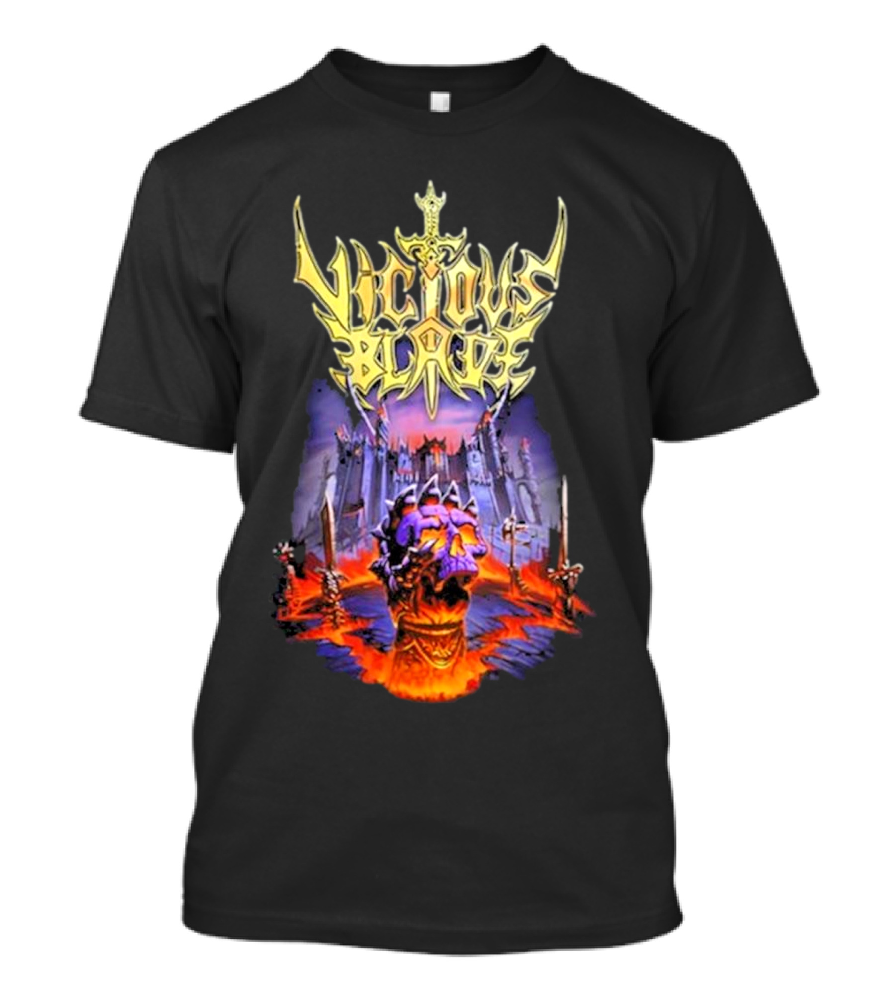Vicious Blade Skull Fortress With Flaming Swords T-Shirt