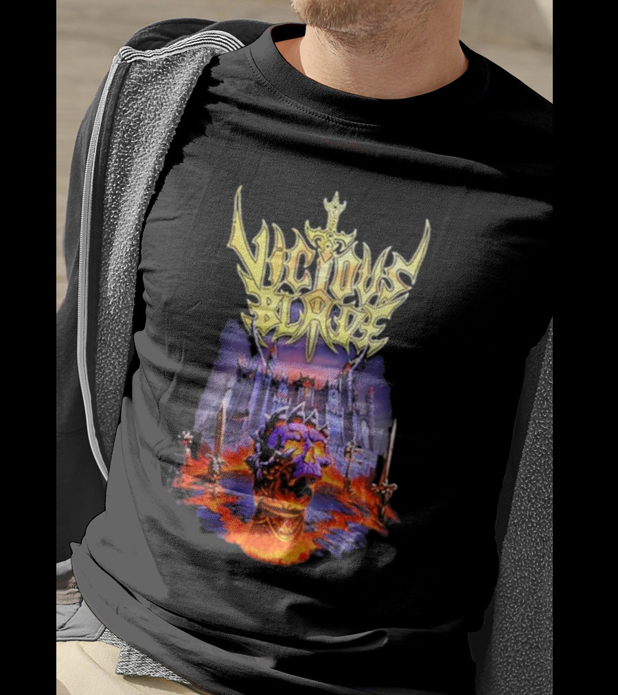 Vicious Blade Skull Fortress With Flaming Swords T-Shirt
