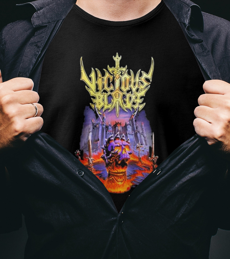 Vicious Blade Skull Fortress With Flaming Swords T-Shirt