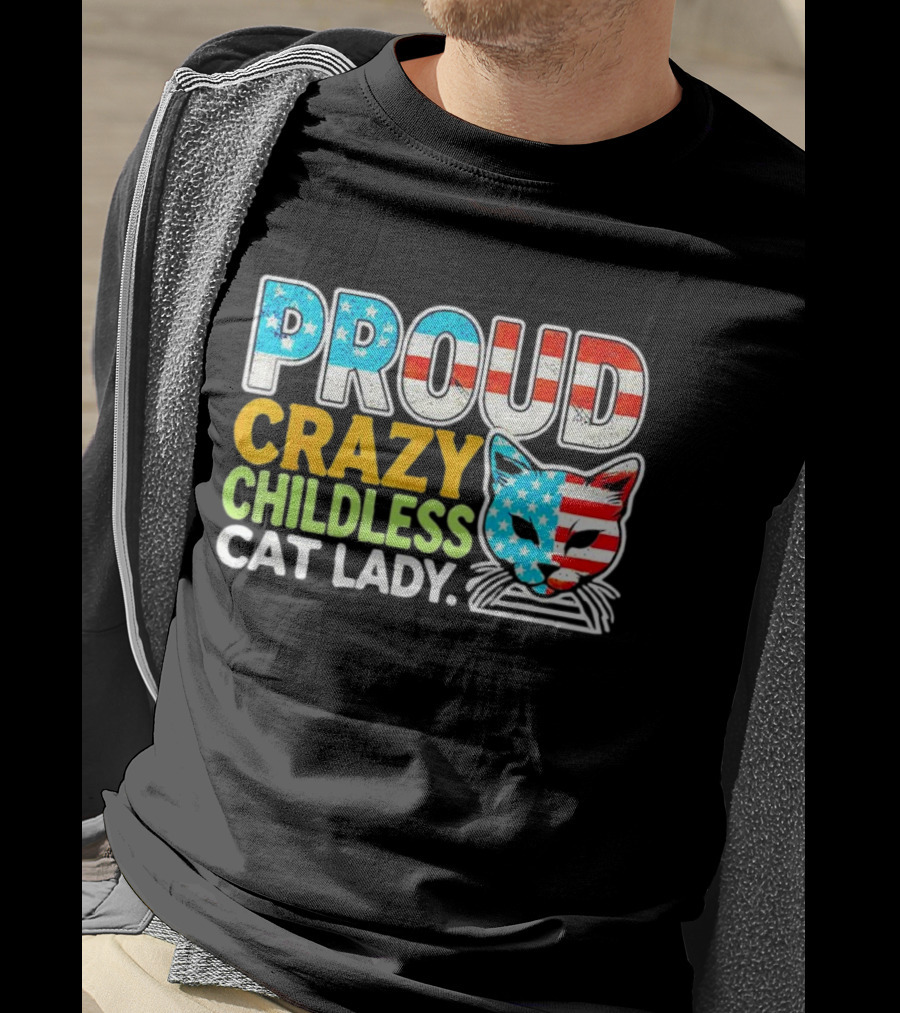 Proud Crazy Childless Cat Lady American Flag Cat Head T-Shirt