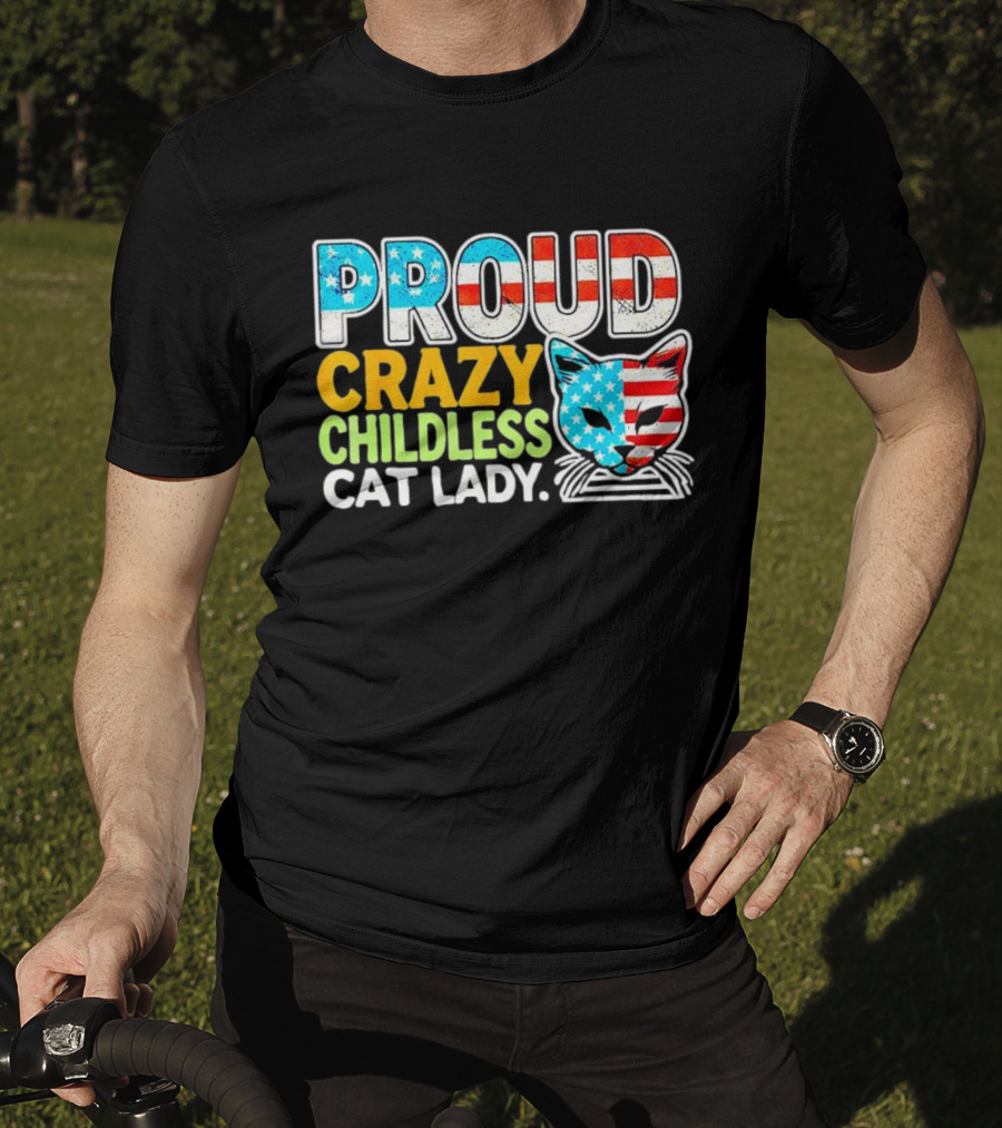 Proud Crazy Childless Cat Lady American Flag Cat Head T-Shirt