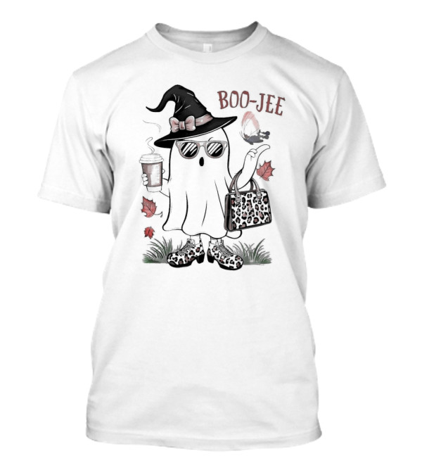 Boo Jee Leopard Ghost Fall Vibes With Witch Hat And Coffee Cup T-Shirt