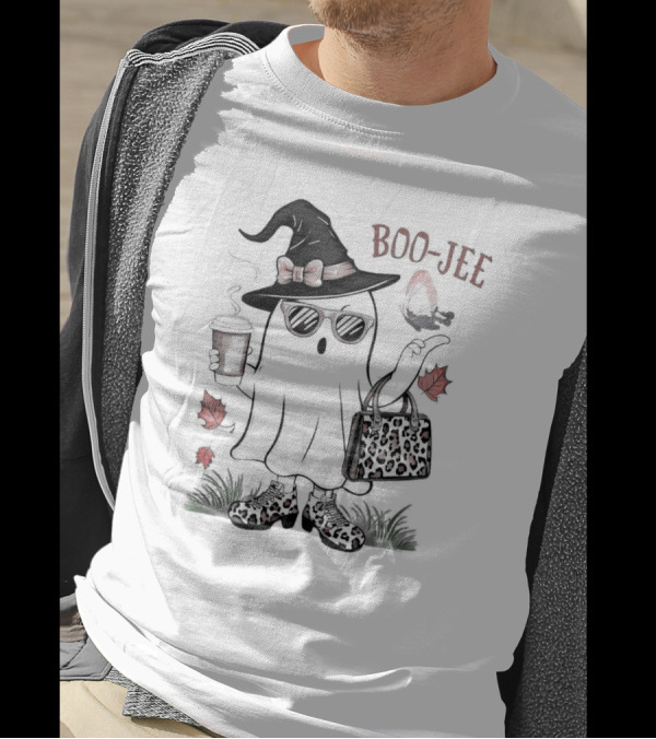 Boo Jee Leopard Ghost Fall Vibes With Witch Hat And Coffee Cup T-Shirt
