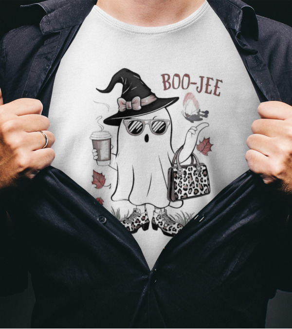 Boo Jee Leopard Ghost Fall Vibes With Witch Hat And Coffee Cup T-Shirt