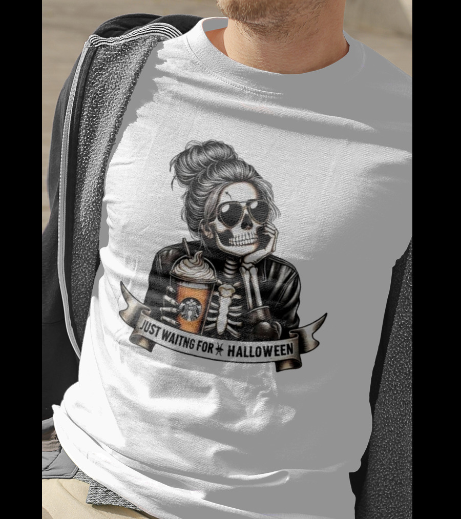 Just Waiting For Halloween Skeleton With Coffee Cup Spooky Season T-Shirt