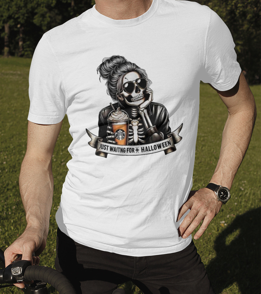Just Waiting For Halloween Skeleton With Coffee Cup Spooky Season T-Shirt
