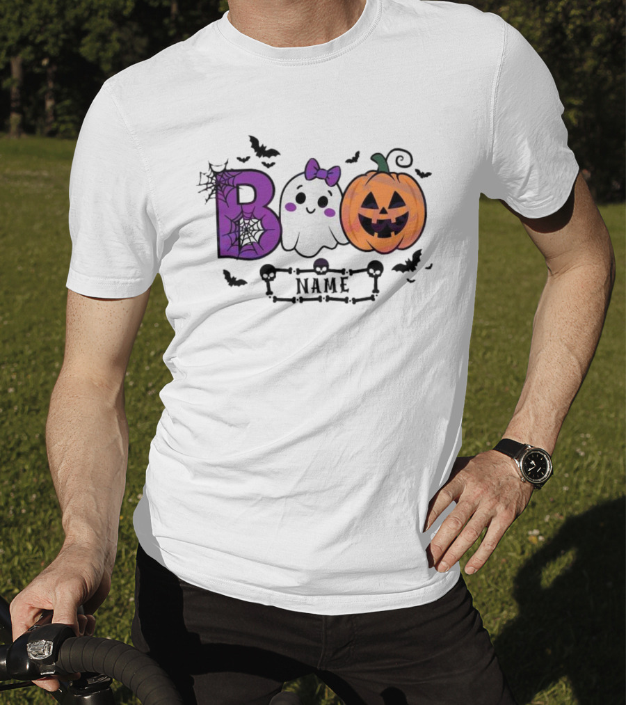 Boo Name Ghost Pumpkin Halloween Spiders Bats T-Shirt