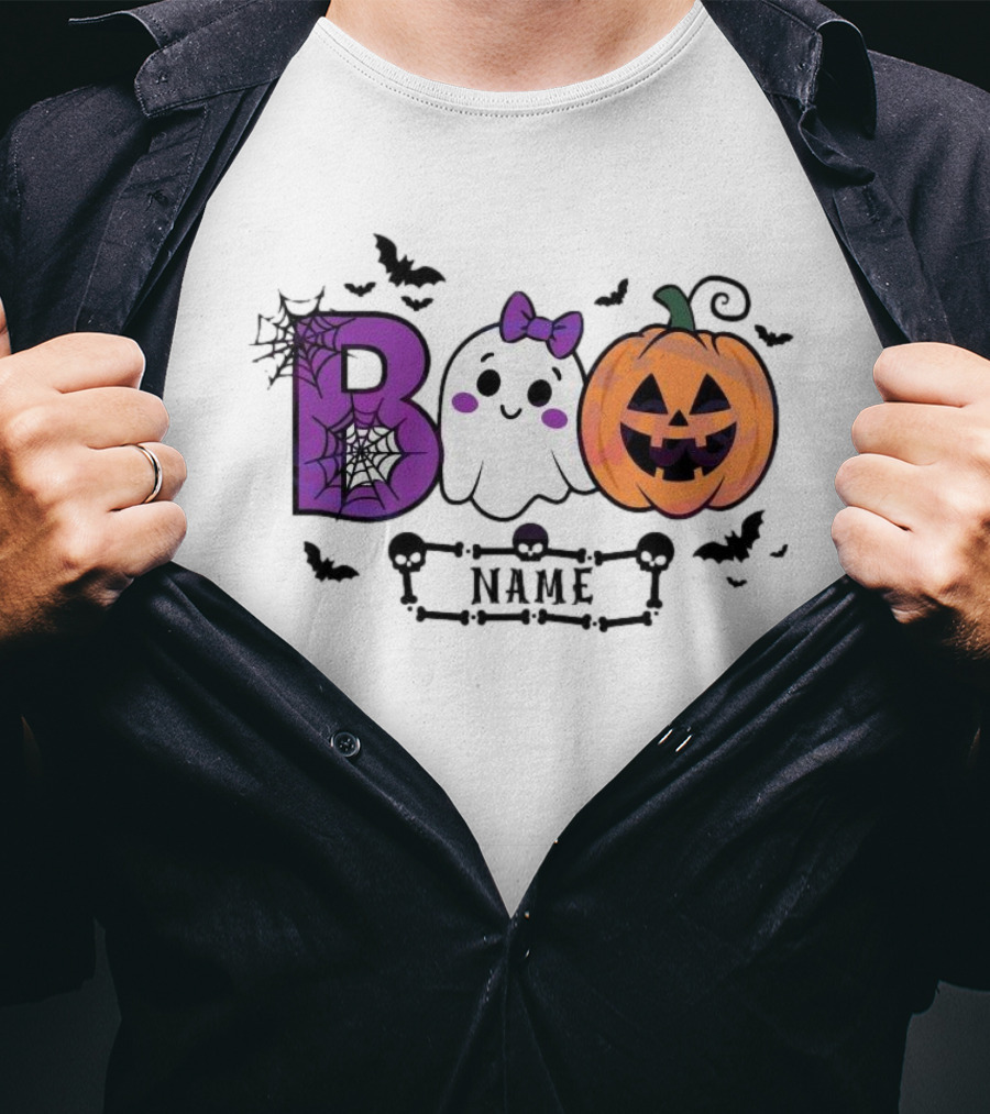 Boo Name Ghost Pumpkin Halloween Spiders Bats T-Shirt