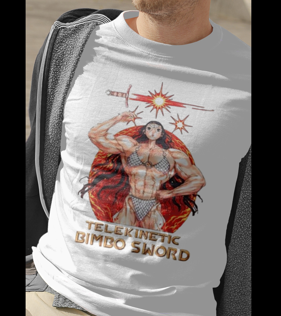 Rebecca Kirby Telekinetic Bimbo Sword Warrior With Fiery Background T-Shirt