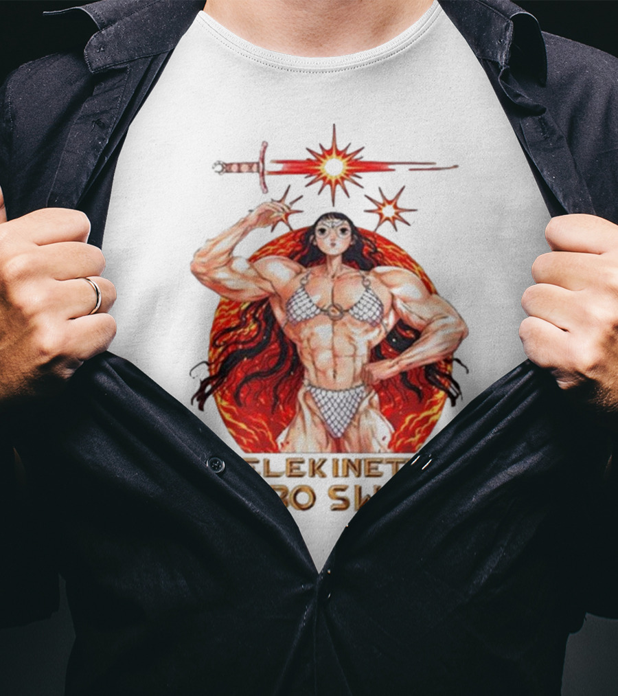 Rebecca Kirby Telekinetic Bimbo Sword Warrior With Fiery Background T-Shirt