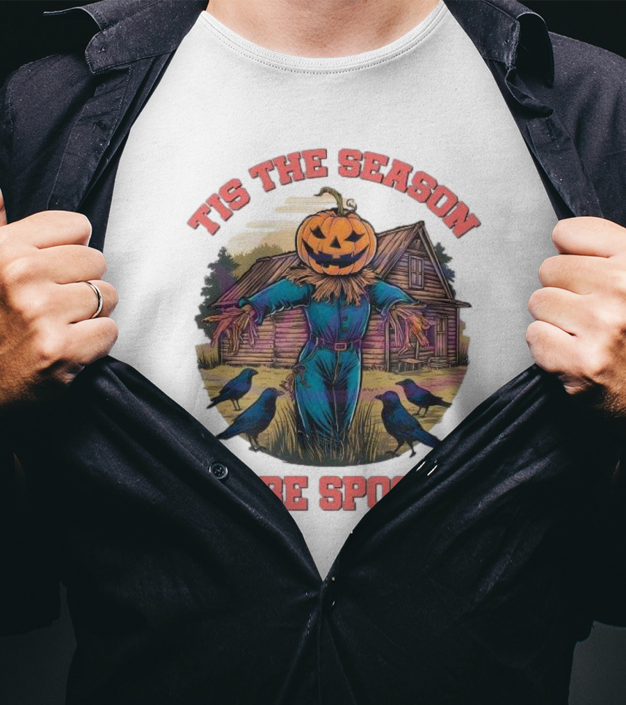 Tis The Season To Be Spooky Pumpkin Head Scarecrow With Crows In Front Of Haunted House T-Shirt