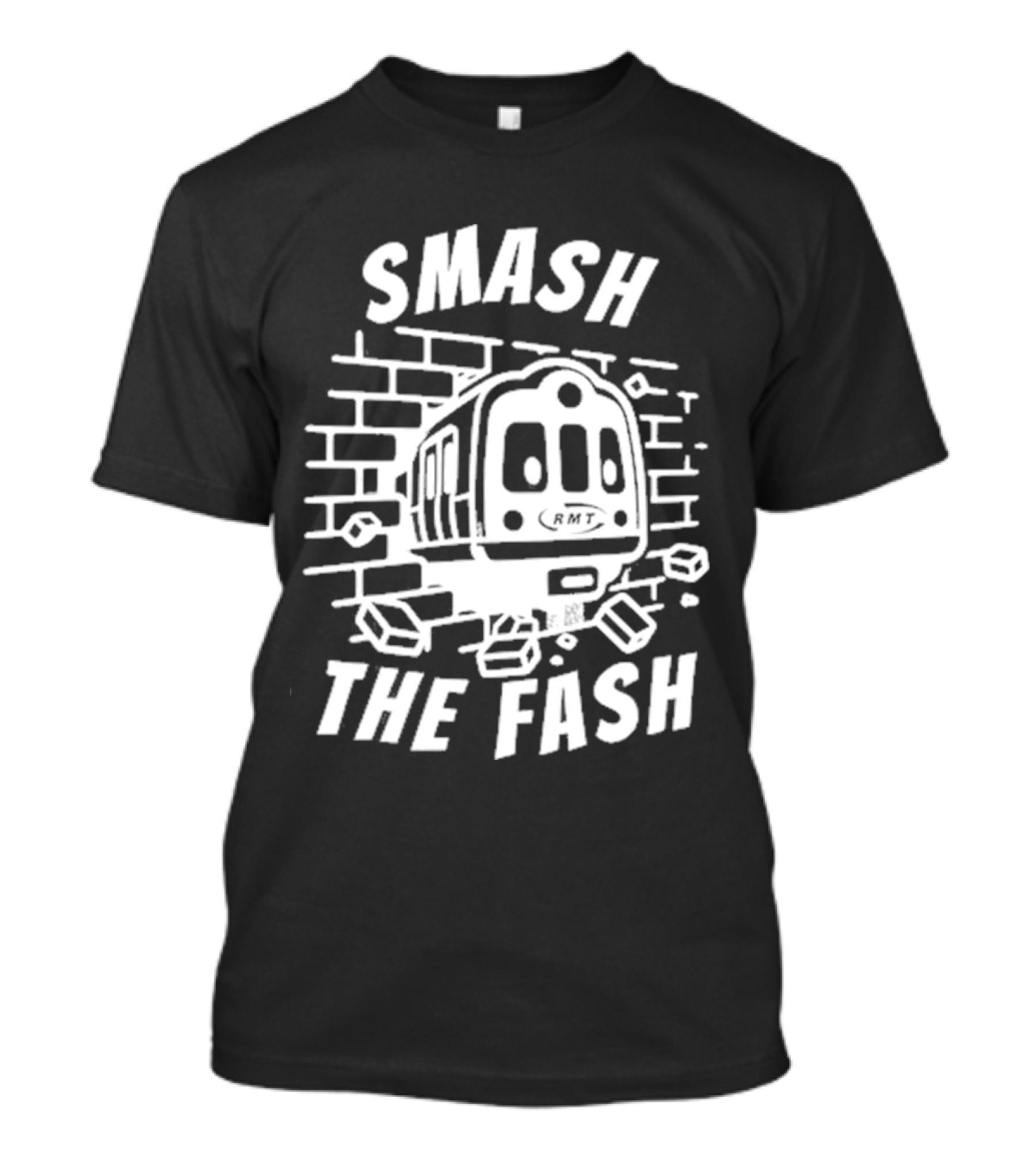 Manchester South RMT Smash The Fash Train Breaking Through Brick Wall T-Shirt