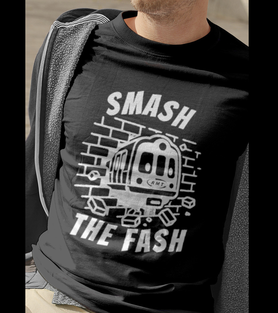 Manchester South RMT Smash The Fash Train Breaking Through Brick Wall T-Shirt