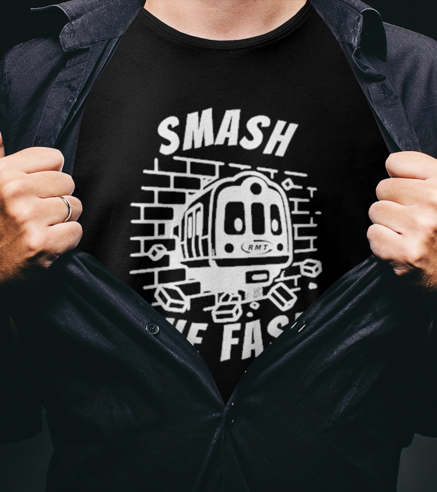 Manchester South RMT Smash The Fash Train Breaking Through Brick Wall T-Shirt