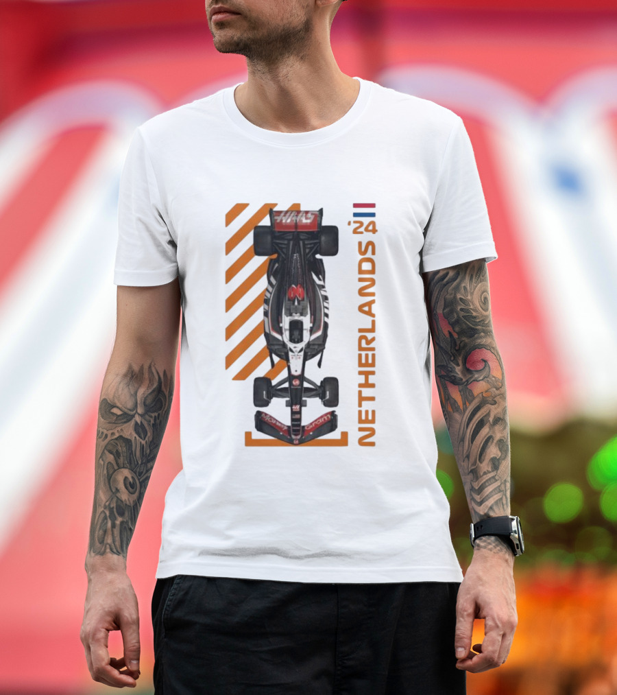 Haas F1 Racing Car Netherlands 24 Orange Stripes Racing Formula 1 T-Shirt
