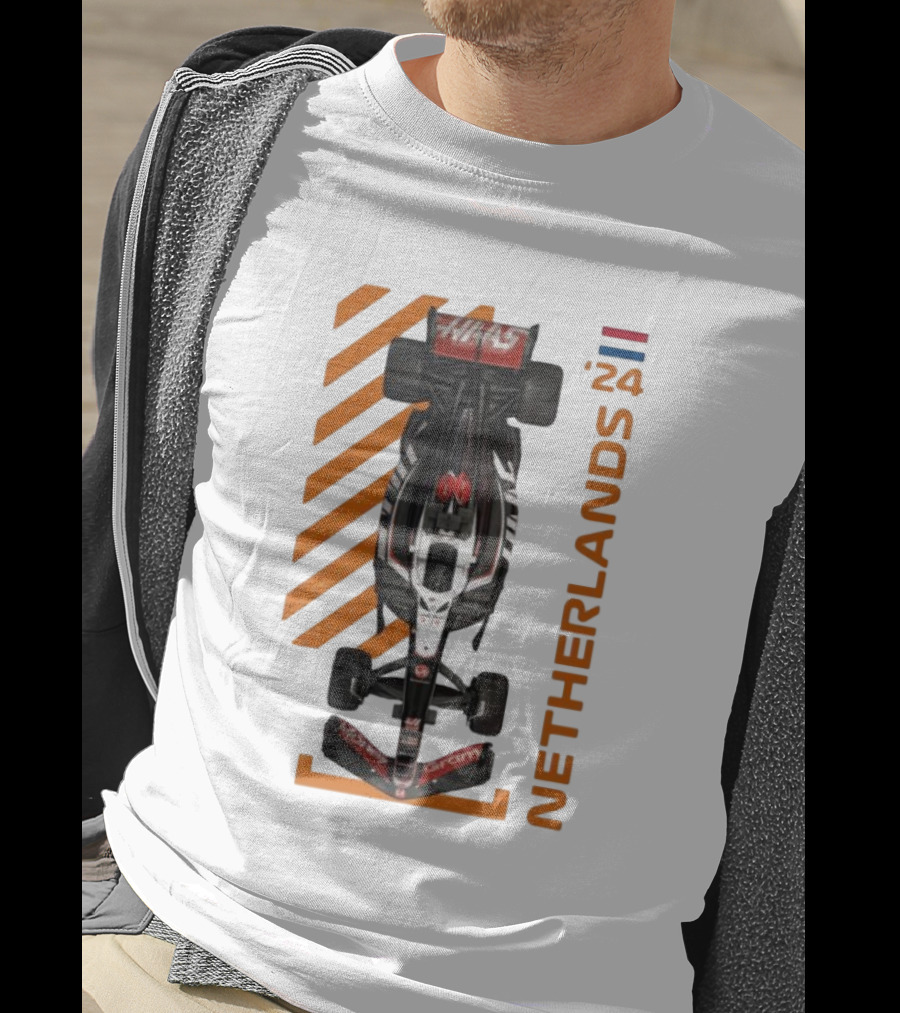 Haas F1 Racing Car Netherlands 24 Orange Stripes Racing Formula 1 T-Shirt